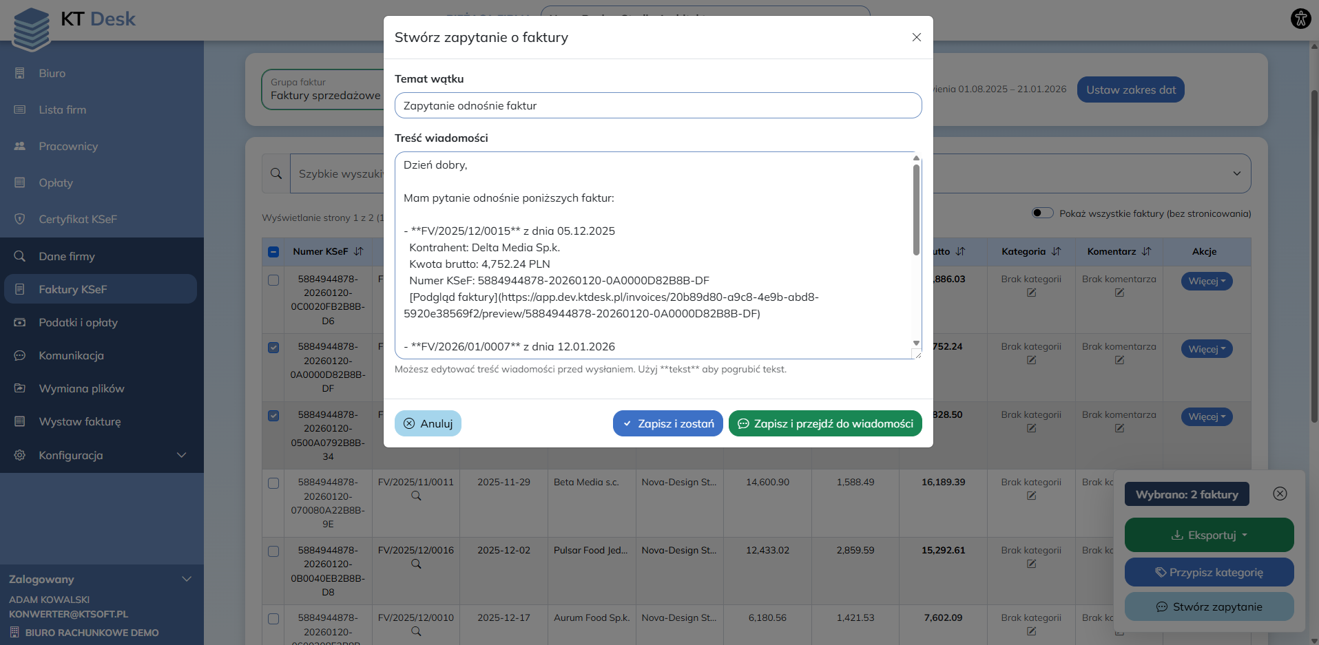 Stworz zapytanie o faktury
